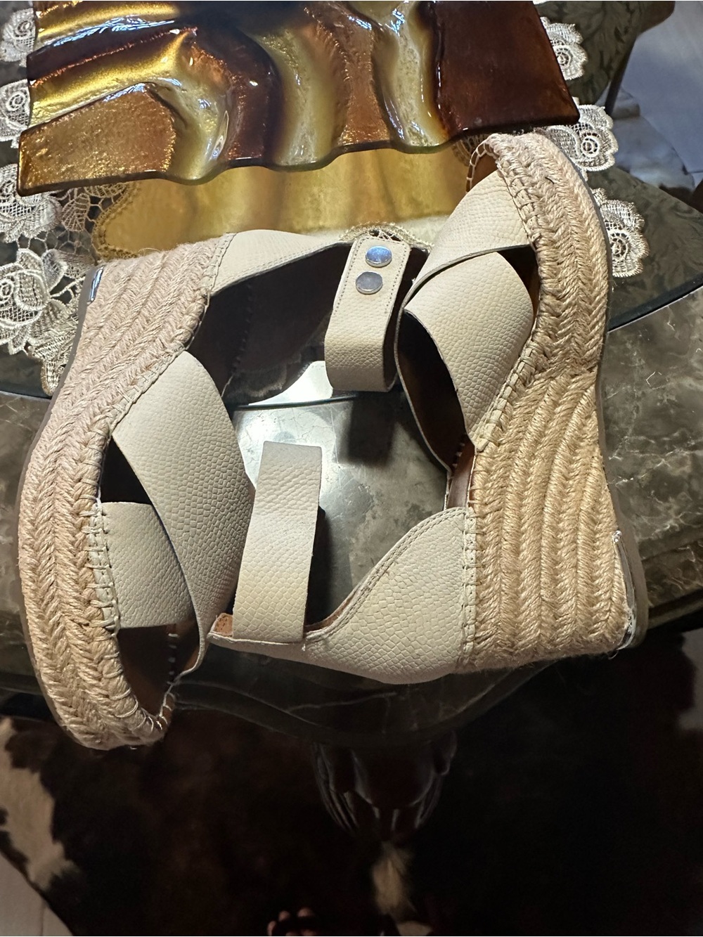 Franco Sarto Cream Crisscross Espadrille Wedge Sandals - Picture 5 of 5
